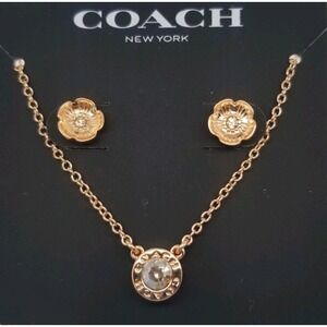 Coach Rose Gold Tone Tea Rose Flower Stud Earrings and Crystal Necklace Set NWT